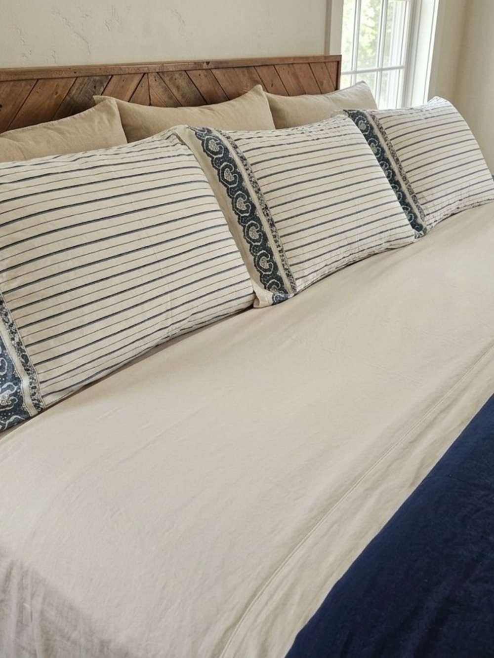 Ralph Lauren Navy Stripe Cotton Pillowcases with Decorative Trim
